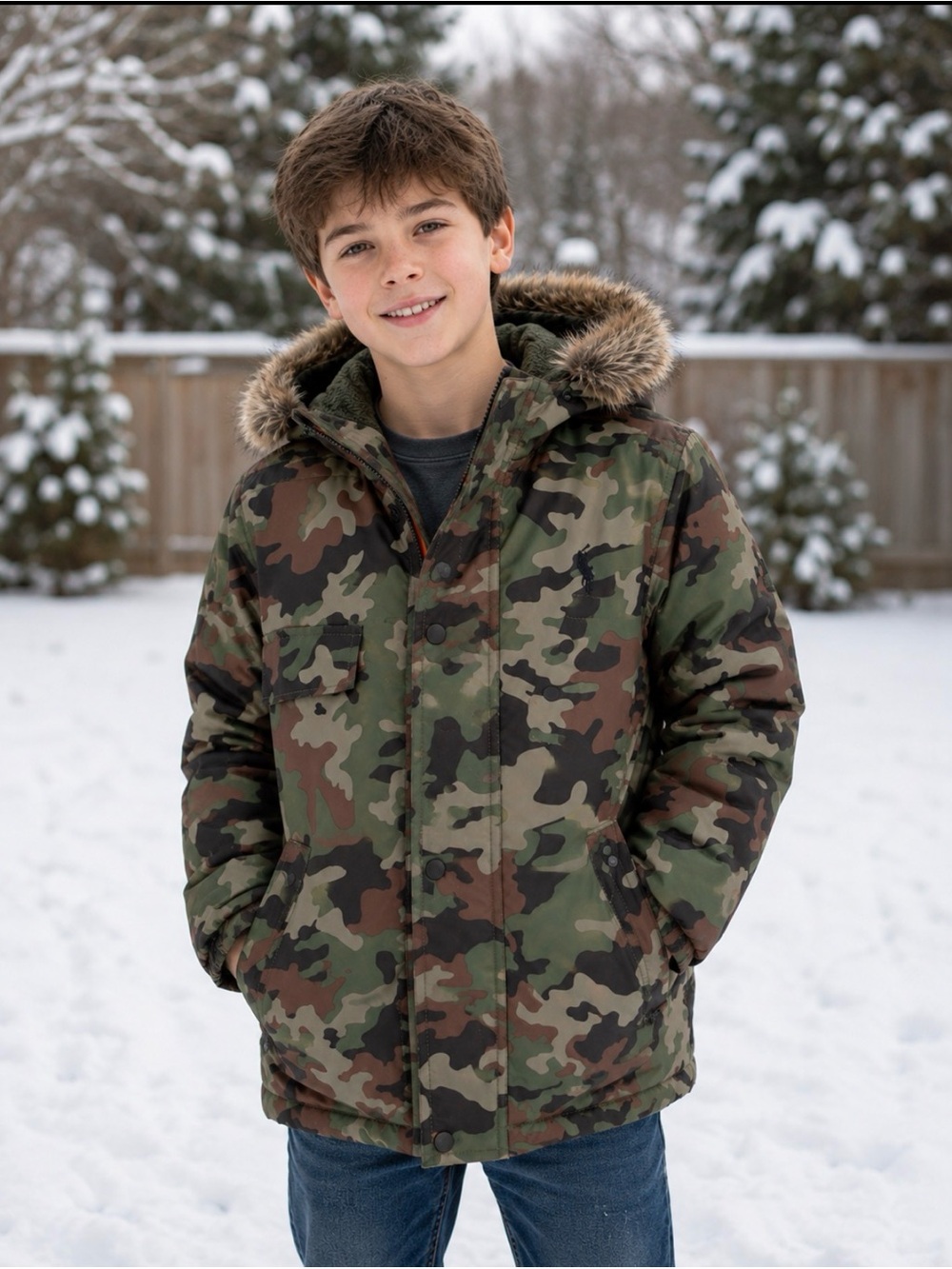 Boys Camo Faux-Fur Hooded Winter Parka